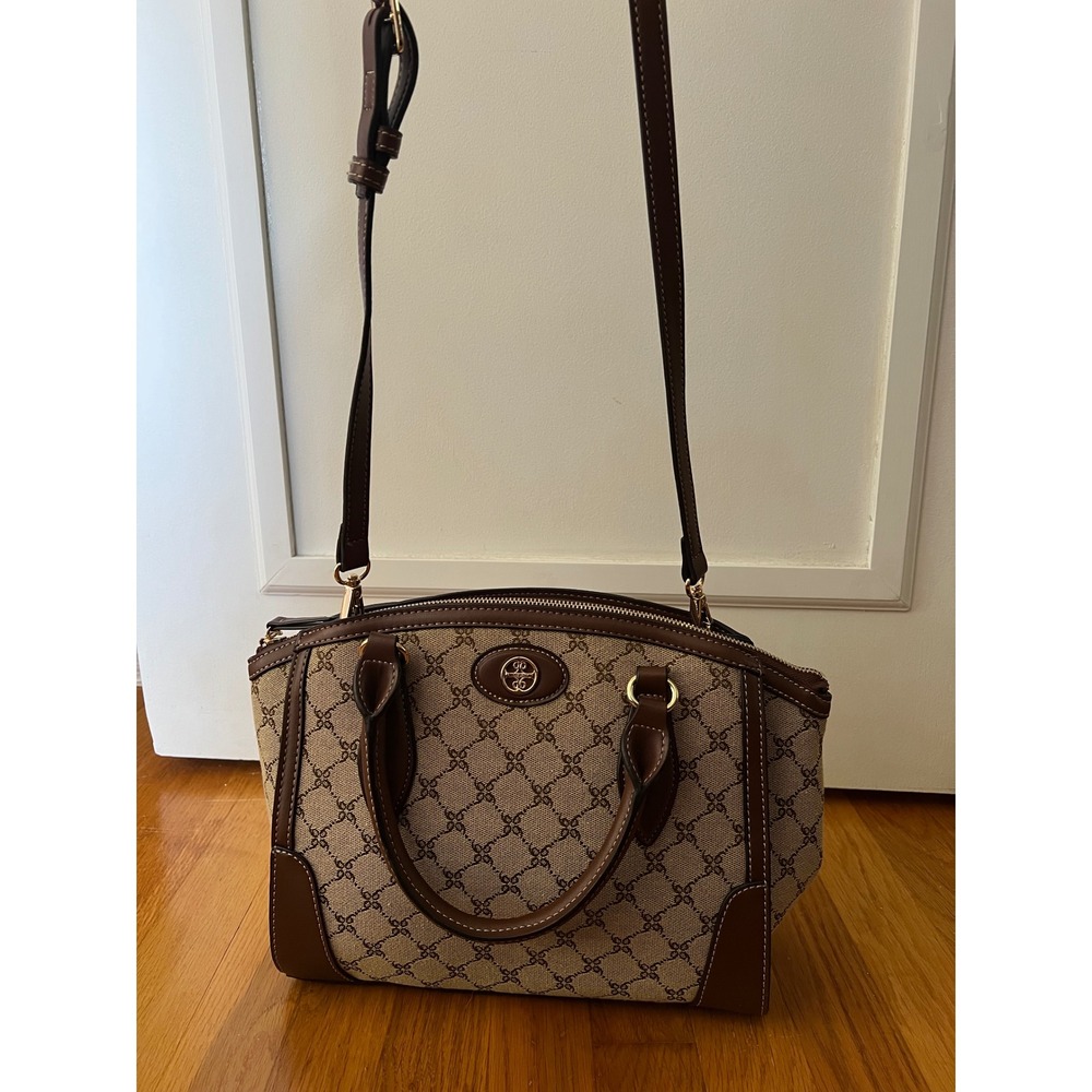 Nine West Logo Jacquard Satchel Handbag Brown Tan Crossbody Dome Bag